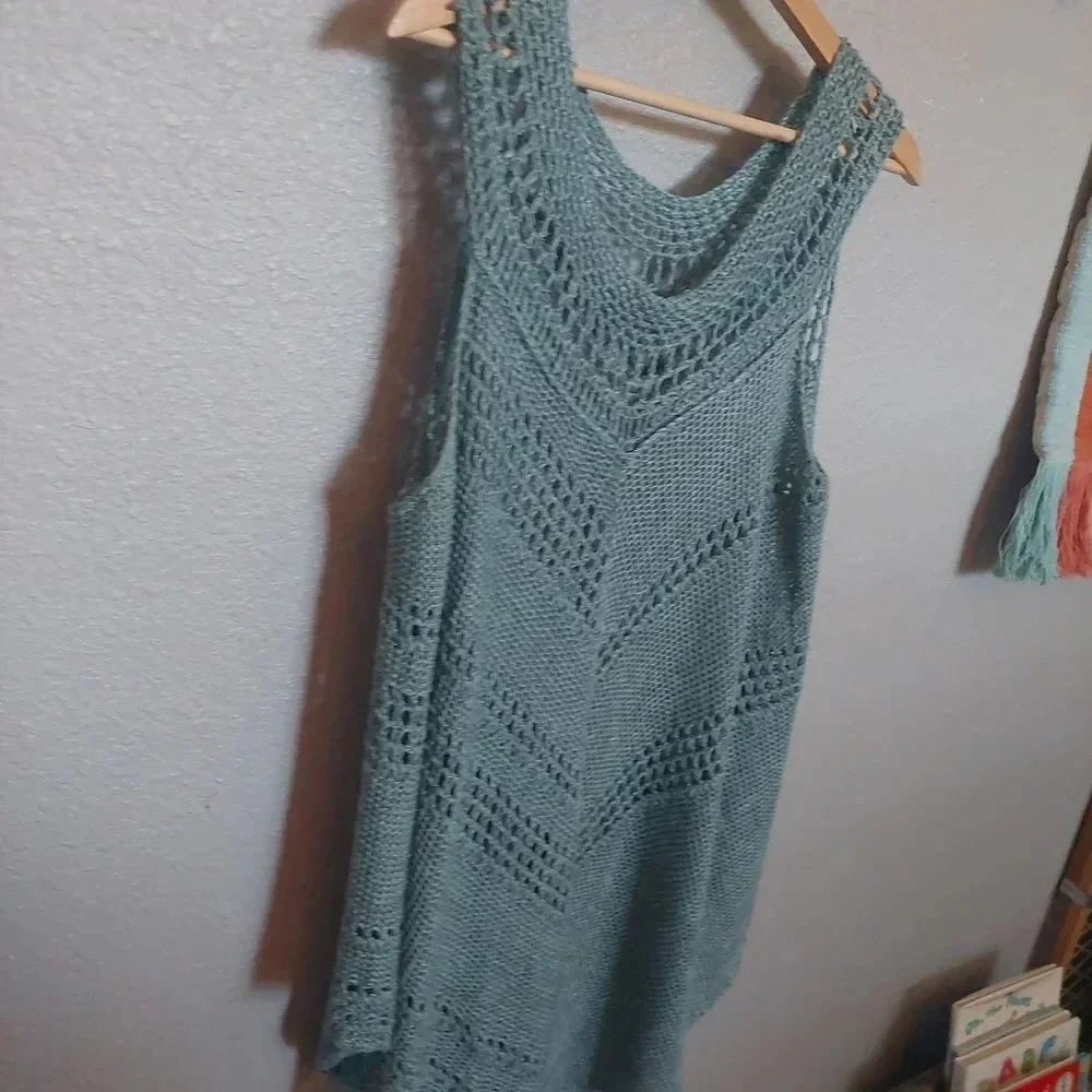 Free people Knit Crocheted Bohemian Beach Tunic Top Blue Oversized Small